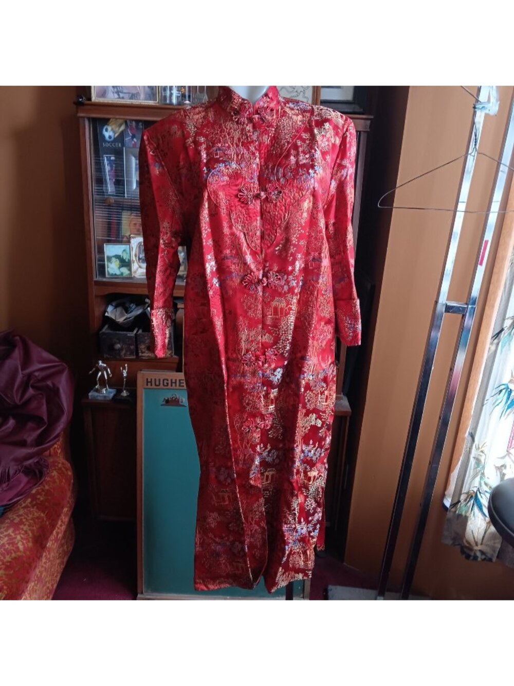 Large 38 Vintage Red Chinese Long Dress Peony Brand 100% Rayon 1960's Rayon